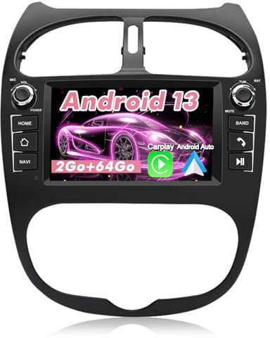 Hexinex Autoradio Android 13 pour Peugeot 206 206cc (2002-2010)【2Go+64Go】 avec Carplay Android Auto7 Pouces Écran HD Tactile GPS/FM/WiFi/Bluetooth/Commande au Volant/Aide au Stationnement