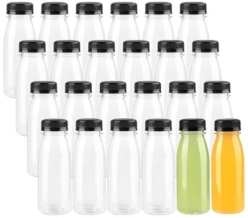 PANTSLINE 24 Pack 200ml Clear Plastic Juice Bottles with Black Lids, Reusable Leak-Proof Empty Bottles for Smoothie, Milk, Homemade Drinks - Tamper Evident Sensory Containers