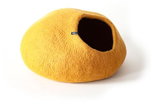 LucyBalu® Premium Katzenhöhle aus Filz | Natürliches Katzenbett aus 100% Flauschiger Wolle | Filzhöhle für Katzen handgefertigt in Nepal | Kuschelhöhle für Katzen | 45x45x28 cm | Mustard