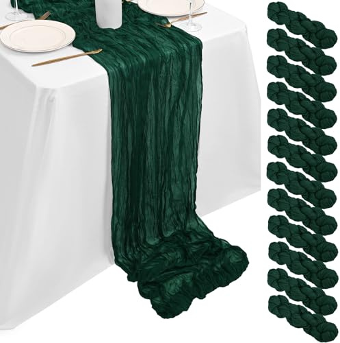 Showgeous 12 Stück Käsetuch Tischläufer Dunkelgrün 90x300cm, Käsetuch Rustikaler Dunkelgrün Rustikaler Gaze Stoff Transparent Boho Hochzeit Tischdekoration für Hochzeitsempfang Brautdusche Babyparty