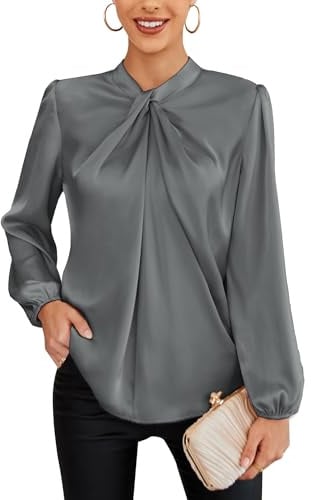 GRACE KARIN Elegant OL Business Blouse for Women UK 1950s Long Sleeve Tops Satin Party Shirt Gray XXL