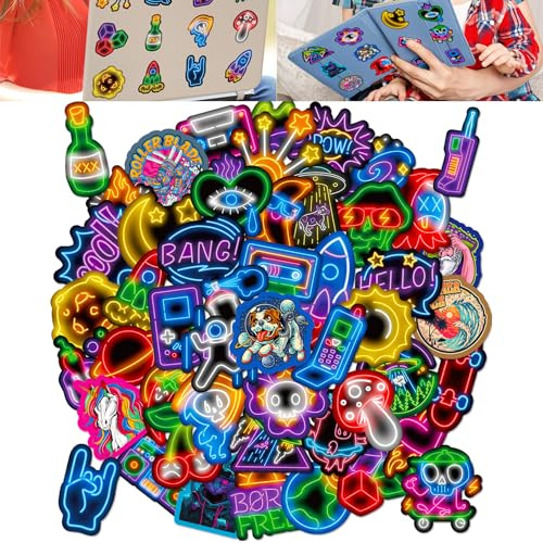 50PCS Neon Graffiti Stickers for Kids Teens & Adults, Waterproof Vinyl Cute Scrapbook Stickers with Decals for Laptops Suitcases and Party Favors