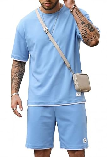 Elainone Ensemble Homme Été 2 Pièces – T-Shirt et Short, Tenue Sport Homme Respirante et Extensible, Coupe Slim Moderne, Idéal pour Sport, Loisirs et Vacances