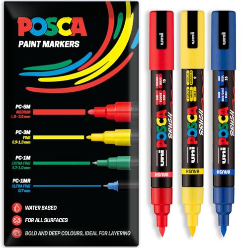 Posca Water Based Acrylic Paint Marker Pens | Multi Surface Use Permanent Paint Pen | Pack of 3 Pens in Envelope Gift Packaging | Glass, Fabric, Wood etc | Brush Nib PC-5BR, Red, Yellow, Blue