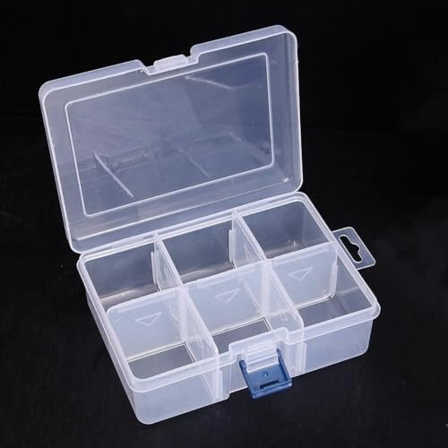Bonilve Small Clear Plastic Storage Box Containers with Hinged Lid - 6 Grid Compartments for Pills, Beads, Jewellery & Craft Items - L15 x W11.7 x H6cm