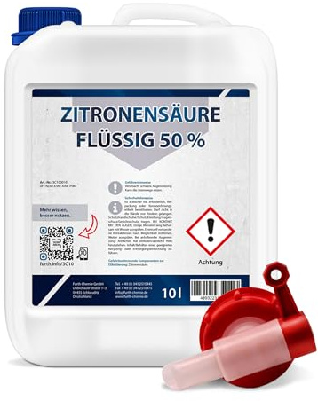 Zitronensäure flüssig 50%, 10 l + Auslaufhahn | Extra starker Bio-Entkalker & Kalkreiniger für Bad, Küche, Kaffeemaschine, Wasserkocher, Wasch- & Spülmaschine
