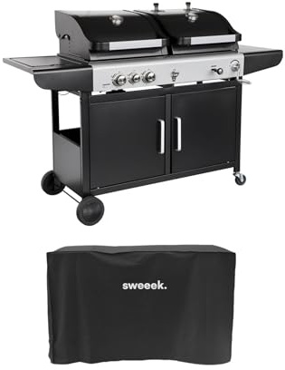 sweeek - Barbecue 2 en 1 gaz et charbon. 3 brûleurs + 1 feu latéral. grill et fumoir avec tablettes et housse