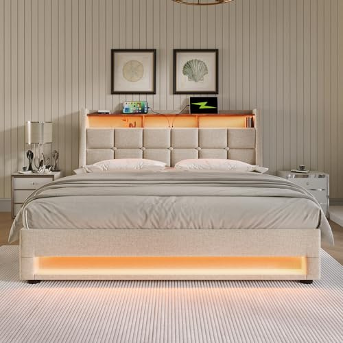 Ball & Cast Upholstered Super King size Bed 180 x 200 cm cm with LED Lighting, USB Type-C Charging Function, Storage Headboard, 6FT Super King Size Storage Bed Frame with Metal Slatted Frame, Beige