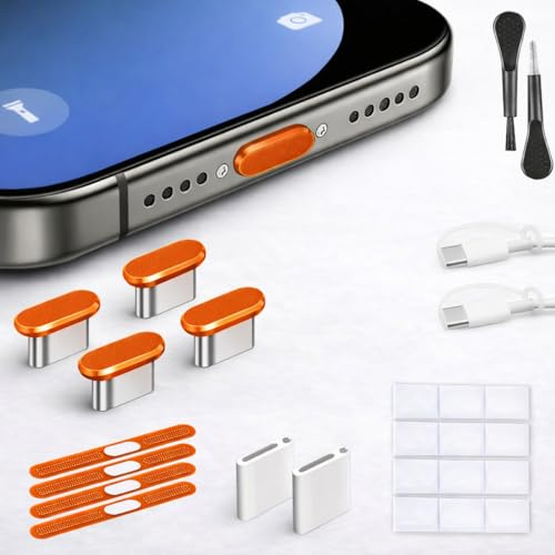 Mizi USB C Dust Plug for iPhone 17 Pro Max (4 Pack) – Charging Port & Speaker Port Protector, Complete Cleaning & Maintenance Accessories - Orange