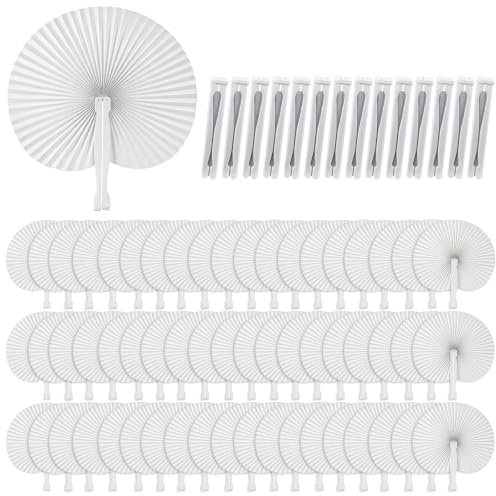TEYIAN 72Pcs Folding Paper Fans White Round Folding Fan Chinese Handheld Fans for DIY Summer Wedding Decorations Party Favour