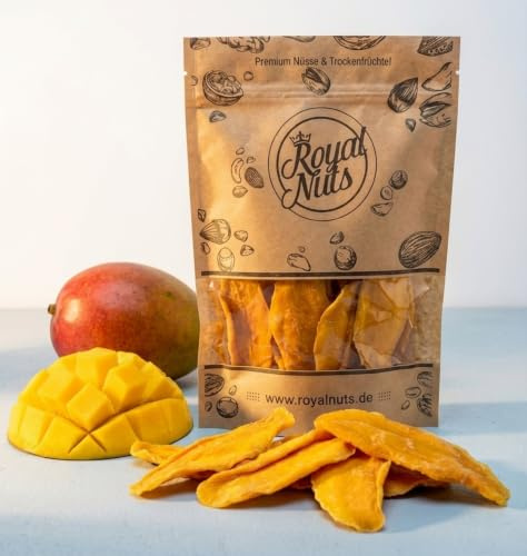 Royal Nuts Getrocknete Mango Streifen, ohne Zuckerzusatz, vegan | Schonend in eigenem Mangosaft getrocknet, ohne Schwefel – intensiv fruchtig für unterwegs, Müsli oder zum Backen.