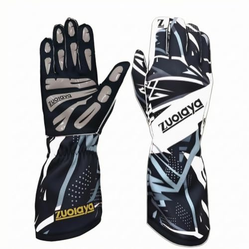AsrMyjcx Handschuhe Kartfahrerhandschuh Bedruckung Lange Manschette Vollfinger-Modell Atmungsaktiv Grafisches Design für Rennfahrer Indoor-Karting Motorsport, Weiß, Einheitsgröße
