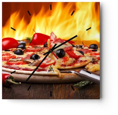 Modern Wanduhr Kuchen Backen Pizza Käse 40x40cm Quadrat Groß Wand Uhr Glas Analog Zimmeruhren Küche Büro Wohnzimmer Glasuhr Wall Clock Dekoration Design Wanddekoration Küchenuhr C3AC40x40-2406