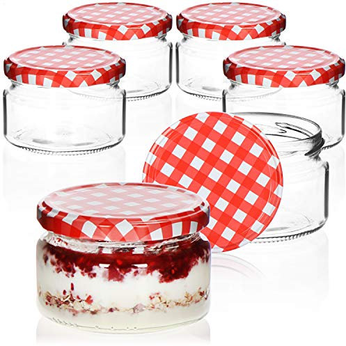 com-four® 6x Tarros de cristal con tapón de rosca a cuadros en rojo/blanco - Potes de cristal pequeños para conservas o mermelada, Ø 82mm, aprox. 250 ml