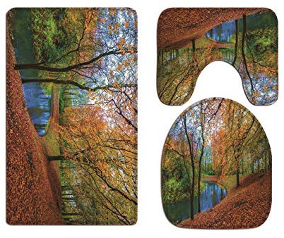 A.Monamour Badezimmer Badematte 3 Teilig Set Herbst Fluss Park Natur Landschaft Landschaft Gold Gefallene Blätter Wald Bäume Für Flanell Saugfähig Badteppiche Badvorleger Badgarnitur WC Vorleger