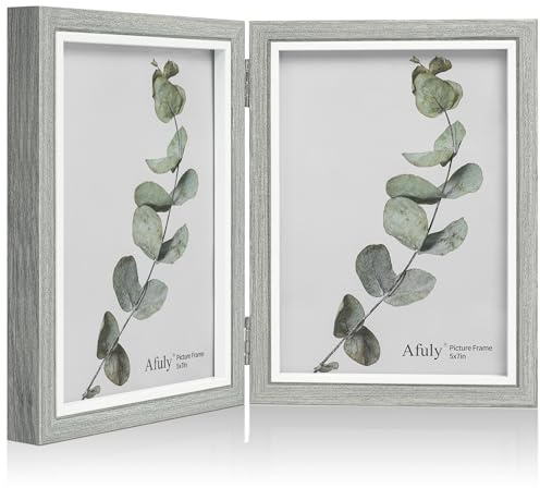 Afuly 7x5 Double Photo Frame Wooden Grey Foldable 5x7 Multi Picture Frames | Wall Hanging Desk Display with Hooks, HD Real Glass & Solid Wood, Wedding Birthday Memorial Gift for Family