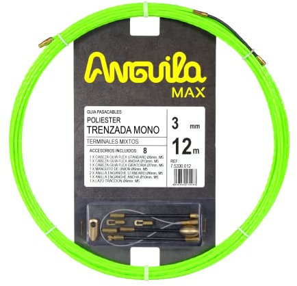 Anguila Max | Guía Pasacables | Tubos Estrechos | Monofilamento | Poliéster Trenzado | Terminales Mixtos | Color Verde | Diámetro 3mm | 12 metros