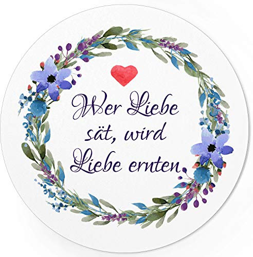 24 runde Design Etiketten - Wer Liebe sät, wird Liebe ernten - Aufkleber für Gastgeschenke - Motiv: Aquarell Blumenkranz mit Herz