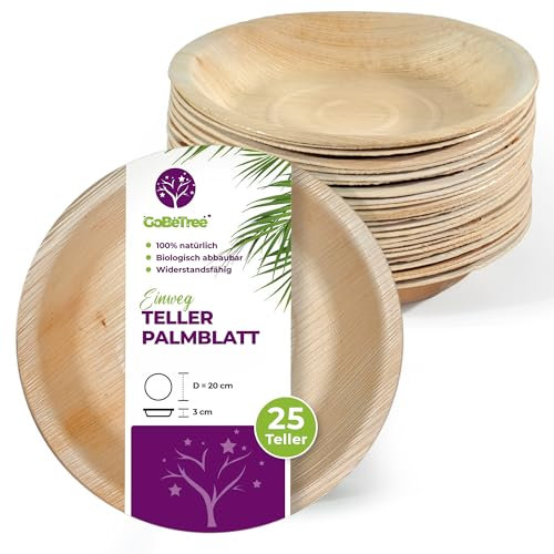 GoBeTree Assiettes Jetables en Feuille de Palmier, 25 Rondes de 20 cm pour Barbecues, Pique-niques, Similaires au Bambou, Plus Résistantes que le Papier