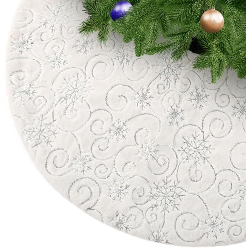 KONVINIT Weihnachtsbaumdecke Weiß Plüsch Christmasbaumdecke Kunstfell Weihnachtsbaumteppich Rund Weihnachtsbaum Rock Weihnachtsdeko mit Silber Pailletten Schneeflocke,78cm/90cm/122cm