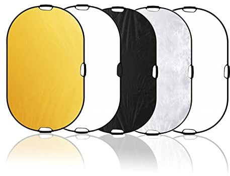 Selens 5 en 1 Reflector de Luz Oval 120x180CM Plegable Portátil con Asa Iluminación Estudio Fotográfico Fotografía al Aire Libre, Color Negro, Blanco, Oro, Plata, Translúcido