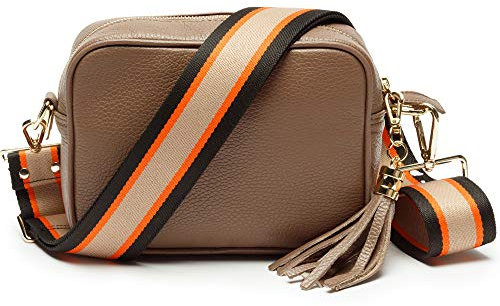 Ledertasche Echtleder in Taupe mit abnehmbaren Lederriemen und zusätlichem Tragegurt zum Umhängen, 20 x 15 x 7 cm