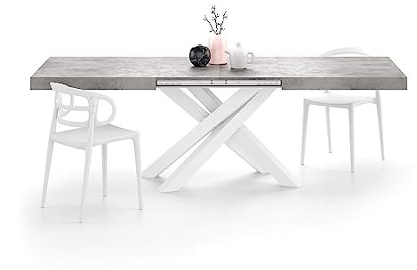 MOBILI FIVER, Mesa Extensible Emma 160(240) x90 cm, Color Cemento Gris con Patas Cruzadas Blancas, para 6-10 Personas, Mesa Extensible de Comedor, Mesa Cocina, Salon, Made In Italy