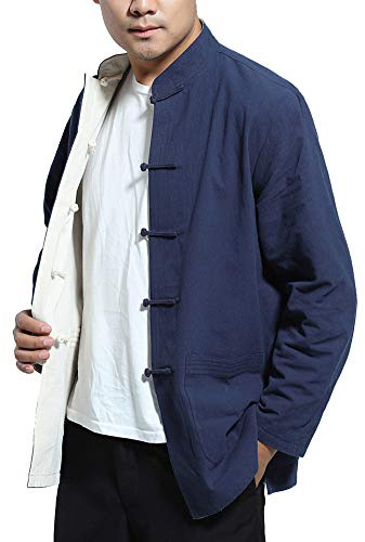 Daoba Homme Réversible des Deux côtés Manteau Veste Costume Tang Chinois Traditionnel Manche Longue Arts Martiaux Kung FU Chemise Unisexe (Marine, S)