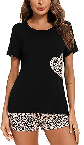GTHTTT Damen Zweiteiliger Schlafanzug Set Plaid Kurzarm Top und Kariert Short mit Tasche Freizeitanzug Rundhals Hausanzug Casual Home Set,Leopard,XL