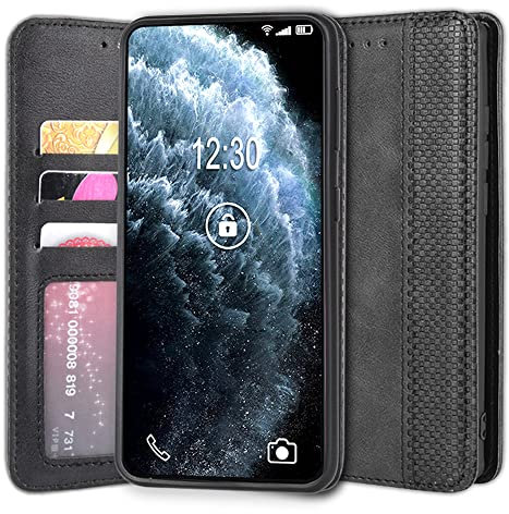 Sinyunron Handyhülle Kompatibel mit ZTE Axon 20 5G Hülle Leder Handytasche Schutzhülle Klappbar Magnetverschluss Retro Business Klassisches Design Brieftasche,Schwarz