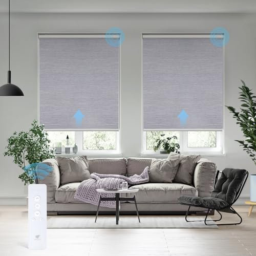 SmartWings Motorized Roller Shade Work with Remote, 100% Blackout Auto Window Blinds, Cordless Electric Solar Blinds for Living Room/Bedroom/Offices, Rechargeable Motor, Light Grey, W28 x H72