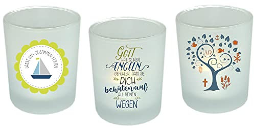Windlicht Teelichthalter Taufe, Kommunion, Konfirmation Tischdeko Kerzenhalter (Psalm/blau)