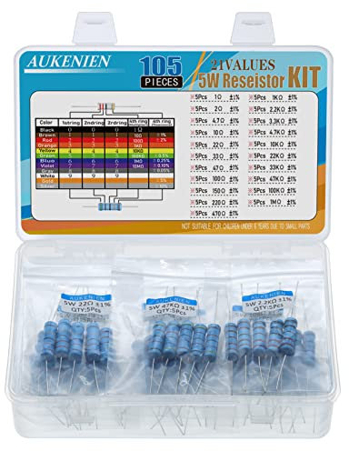 AUKENIEN 5W Resistor Kit 21 Values 105pcs 5 Watt Metal Film Fixed Resistors Assortment Pack 1 to 1M Ohm Common Industrial Electrical 5watt Assorted Resister Set RoHS Compliant with ±1% Tolerance
