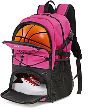WOLT Basketball-Rucksack, große Sporttasche mit separatem Ballhalter und Schuhfach, ideal für Basketball, Fußball, Fitnessstudio, rose, L