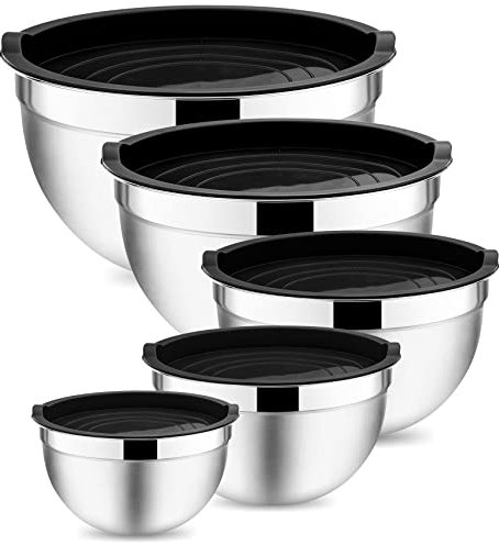 Onader Mixing Bowl, Stainless Steel Salad Nesting Bowl with Airtight Lids, 5-Piece Metal Bowls Ideal for Kitchen Baking Serving Prepping, Dishwasher Safe, Size 0.7/1.2/1.6/2.8/4.6QT (Black)