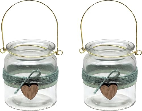 ZauberDeko Windlicht Glas Gold Mint Salbei Herz Tischdeko Hochzeit Teelichtglas 2 Stück