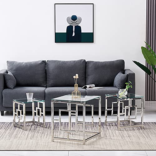 AINPECCA Lot de 3 Tables Gigognes pour Salon,Ensemble 3 Tables Basse Verre Surface en Verre Trempée,Cadre Métallique Tables Basse Salon de Bout de Canapés,Table Salle de Séjour(Argenté)