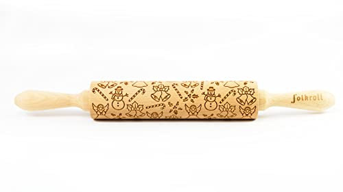 Folkroll 13268 - Mattarello decorativo 2 maniglie formato medio, motivi gioie natalizie - campane, zucchero d'orzo, pupazzo di neve, angelo, agrifoglio - legno di faggio - 370x45x45mm