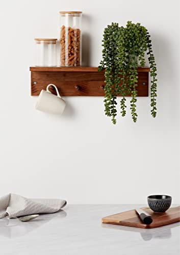 Haus Projekt Oak Stained Pine Shelf with 4 Pegs, Wooden Floating Shelves, Wall Mounted Coat Hooks for Hallway, Coat Rack Stand, Bathroom Storage, Bedroom Clothes Hanger, Key Holder, 45cm x 11.5 x 11.5