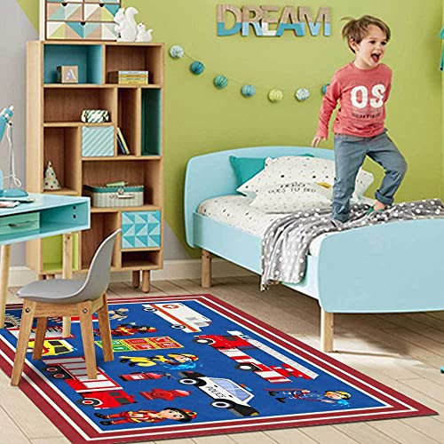Tappeti Design Pädagogischer Spielteppich Niedliches Cartoon-Feuerwehrauto Dunkelblau, Schlafzimmer, Spielzimmer, Familienspiele-60x120cm