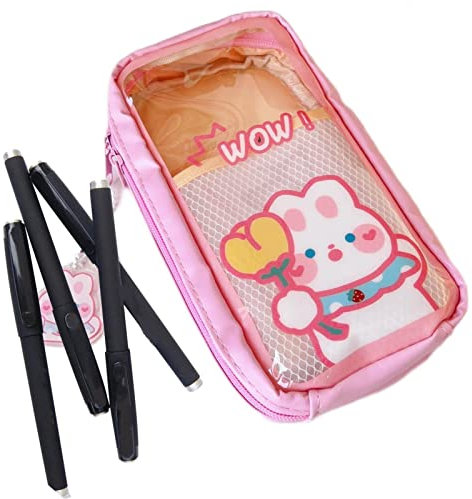 Trousse à crayons Kawaii transparente avec pendentif en épingle, Portable de Grande Capacité, Motif ours mignon et esthétique, lapin, chiot, Imperméable Trousse Scolaire pour Collège Fournitures