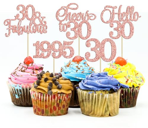 Gyufise 30Pcs 30th Birthday Cupcake Toppers Glitter Hello 30 Cupcake Topper Cheers to 30 1995 Thirty Cupcake Picks for Happy 30th Birthday Anniversary Party Cake Decorations Rose Gold