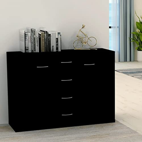 FIRBNUS 88x30x65 cm Beistellschrank mit 4 Schubladen und 2 Türen Schubladenschrank Lowboard Lagerschrank Kommode Schwarz Sideboard Wohnzimmer TV Schrank Aufbewahrungskommode Holzwerkstoff