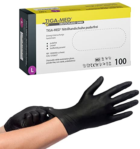 TIGA-MED Guanti monouso in nitrile senza polvere e lattice – Taglie S, M, L e XL – Colori blu o nero – Confezioni professionali da 1.000, 2.000 o 4.000 pezzi (4000, Nero, L)