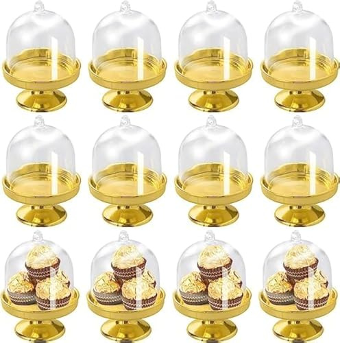 inheming 12 Pcs Mini Cake Stand with Dome Lid ,Plastic Transparent Mini Cupcake Display Stand , Candy Cholocate Macaron Holder Stand for Party Wedding Birthday and Baby Shower - Gold