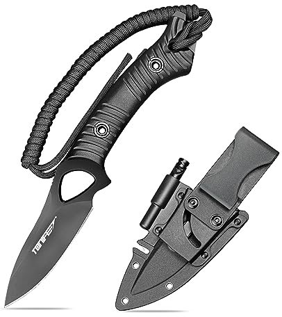 TONIFE Explorer Coltello a lama fissa con fodero in plastica 8Cr14MoV Coltello da sopravvivenza, manico in nylon rinforzato con fibra di vetro per il campeggio all'aperto (Nero+Nero Titanio)