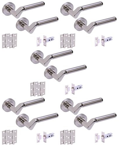 HANDLEZONE® 5 Sets Tucana Internal Door Handles on Rose Lever Latch Packs with Ball Bearing Hinges - Dual Polished/Satin Nickel