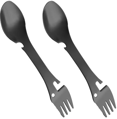 Rumyve Lightweight Rugged 5 in 1 Function Stainless Steel Spork Opener, 2 PCS Camping Spork,Easy to Store Travel Eating Tools Multifunctional(Black)