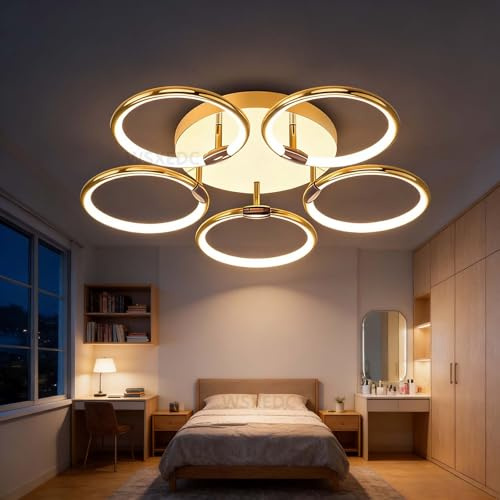 Ring LED Gold Deckenlampe 48W Moderne dimmbare Wohnzimmer Pendelleuchte mit Nachtlicht Kreative 5 Ring DIY Schlafzimmerlampe für Wohnzimmer Arbeitszimmer Büro Esszimmer Schlafzimmer (Gold, 70cm，48W)