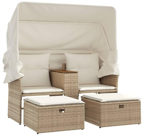 vidaXL Gartensofa 2-Sitzer mit Dach und Hockern Beige Poly Rattan
